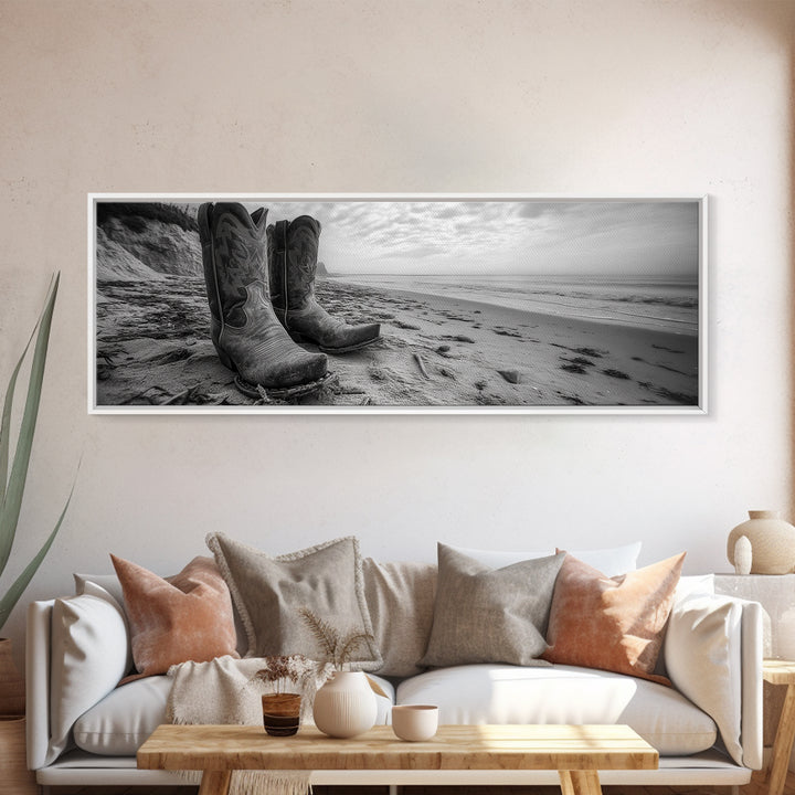 Cowboy Boots, coastal wall art, rustic decor, boho art, wabi sabi art, cowboy painting, framed canvas print, western style decor