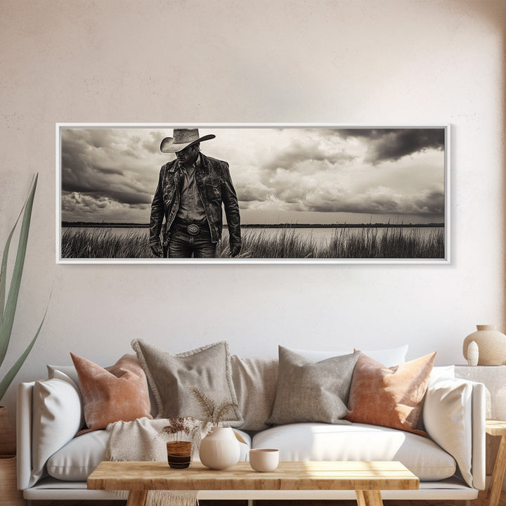 Cowboy Portrait, rustic wall art, moody art, black cowgirl painting, wabi sabi art, western decor, framed canvas print, extra wide art