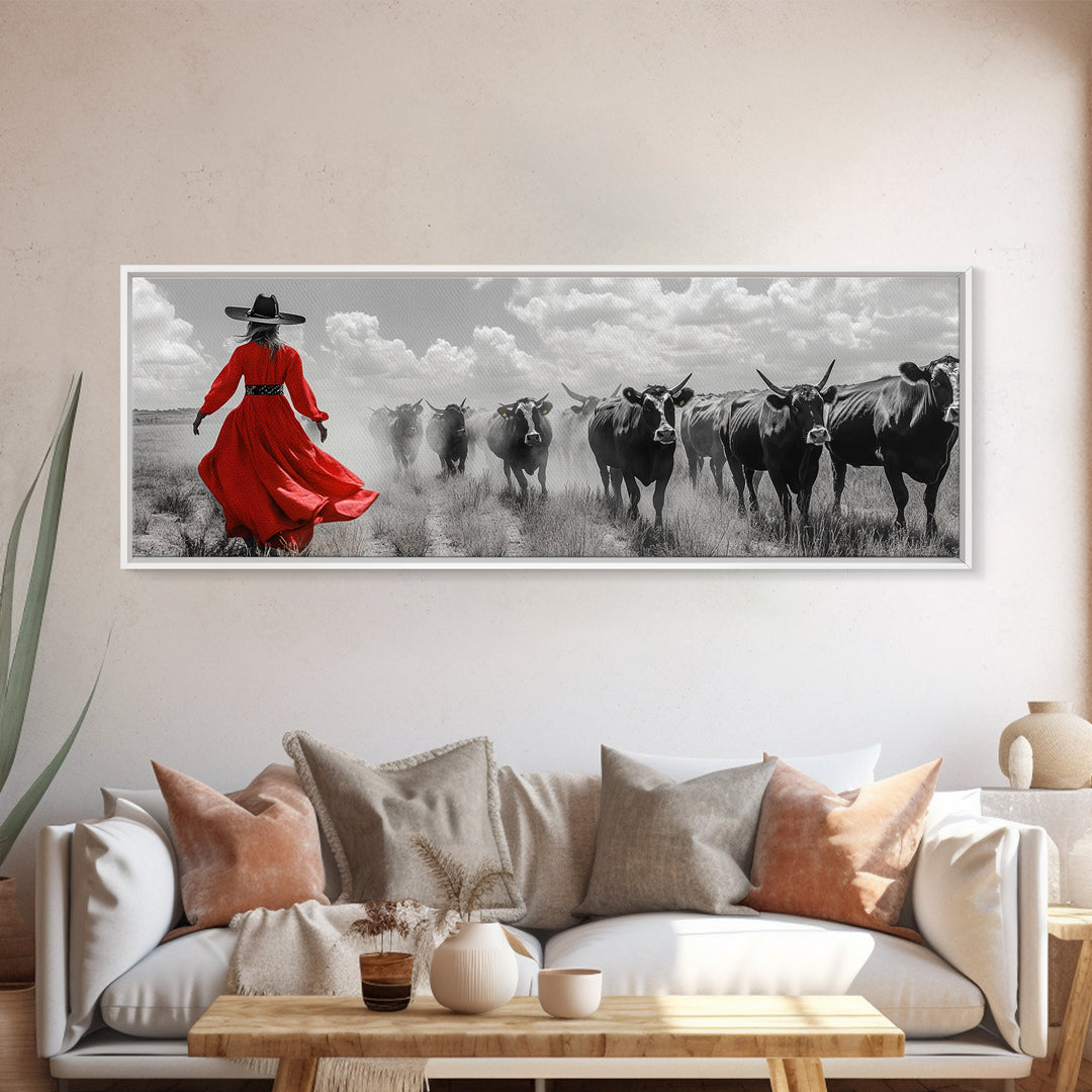 Cowgirl Herding Cattle, Western Art, Ranch Life Art, Black Cowgirl Painting, Rustic Wall Art, Panoramic Art, Canvas Print
