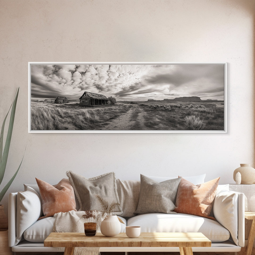 Abandoned cabin, western landscape, rustic wall art, panoramic art, extra wide art, southwest wall art, framed canvas print, farmhouse decor