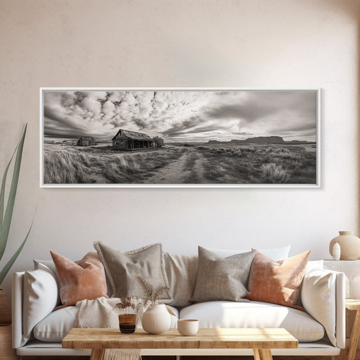 Abandoned cabin, western landscape, rustic wall art, panoramic art, extra wide art, southwest wall art, framed canvas print, farmhouse decor