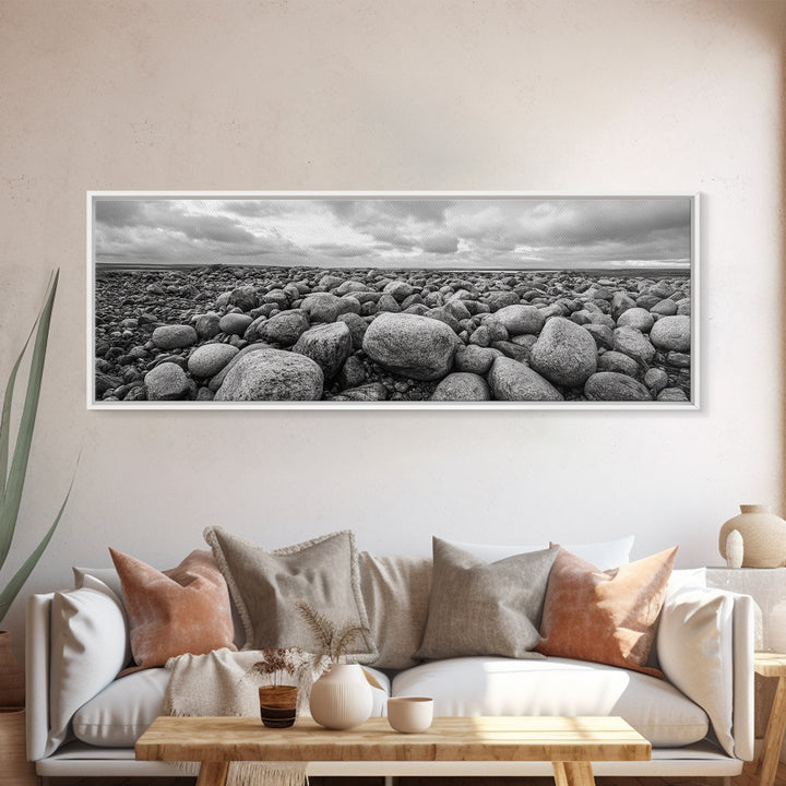 Rocky terrain, minimalist art, wabi sabi art, panoramic art, extra wide art, landscape painting, framed canvas print, moody art, rustic decor