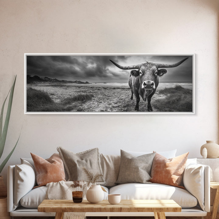 Bull on Beach, bull and bear art, moody art, coastal cowgirl wall art, dark romance painting, farmhouse art, framed canvas print