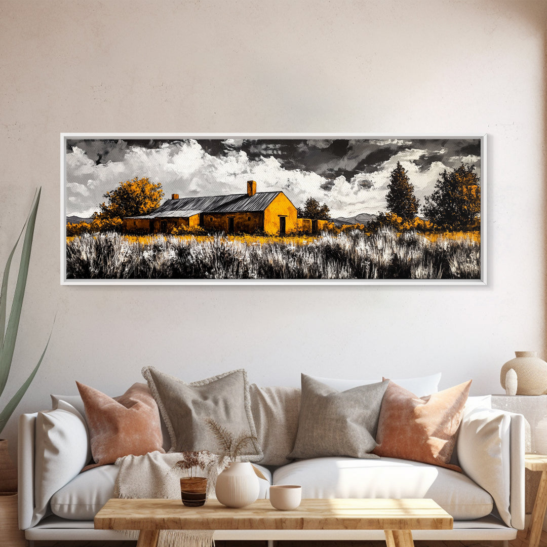 Adobe House, southwest wall art, rustic decor, farmhouse art, warm tones, panoramic art, moody art, extra wide art, framed canvas print