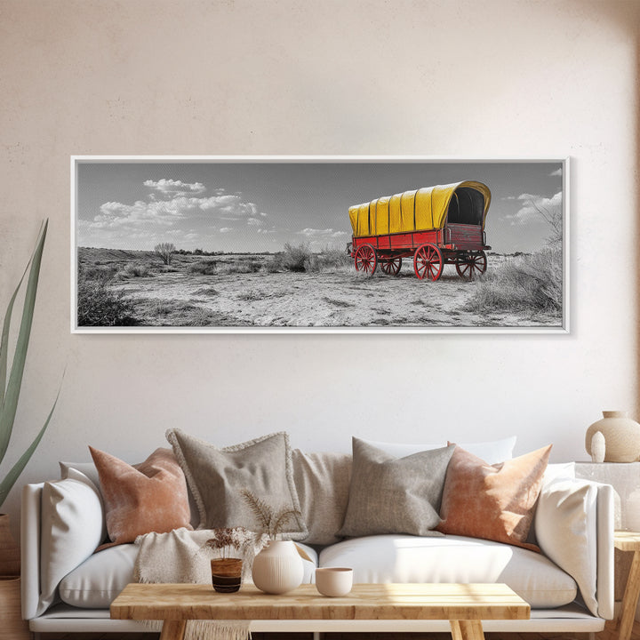 Covered Wagon, Pioneer Art, Old West Decor, Historical Wall Art, Rustic Decor, Landscape Painting, Panoramic Art, Framed Canvas Print