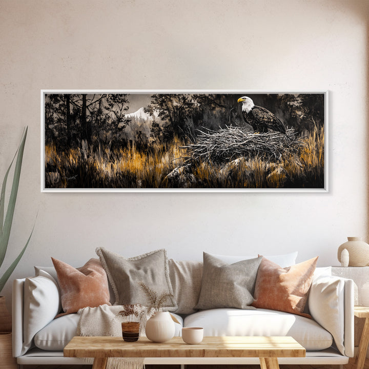 Bald Eagle, wildlife art, eagle painting, southwest wall art, rustic decor, panoramic painting, moody art, framed canvas print, above sofa art
