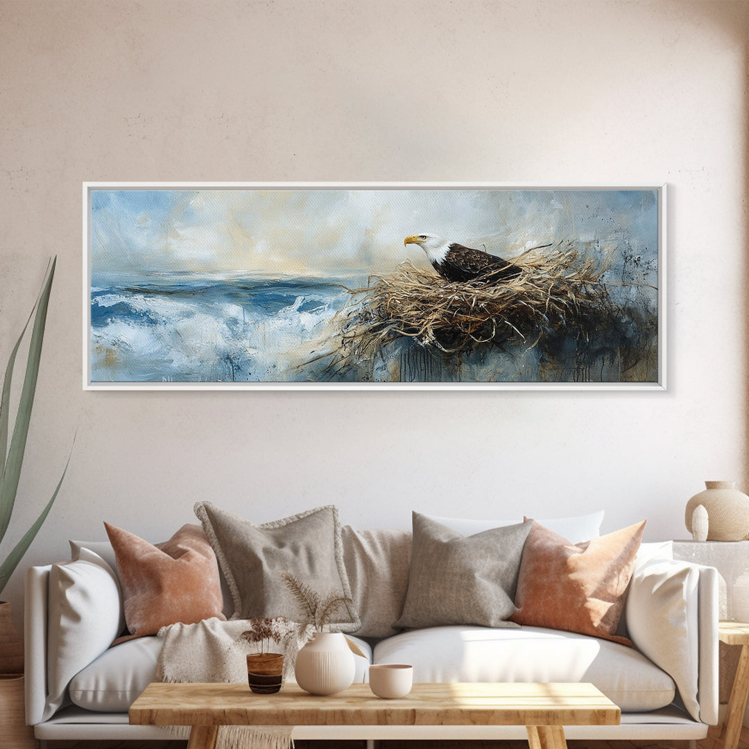 Eagle Nest, bird art, wildlife painting, coastal wall art, seascape painting, moody art, extra wide art, framed canvas print, above sofa art
