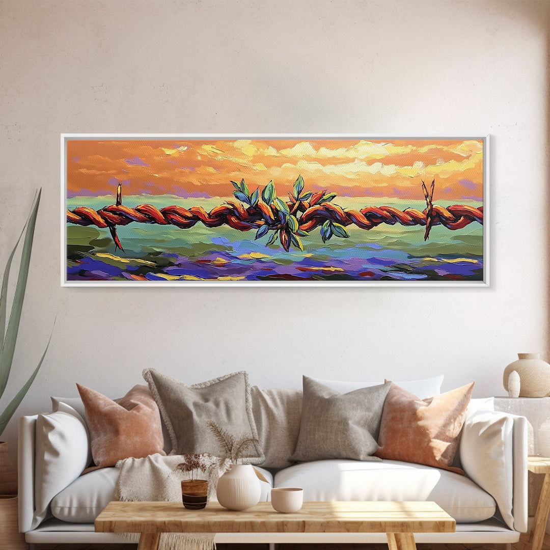 Barbed Wire Sunset, rustic wall art, southwest wall art, vibrant painting, western decor, long narrow wall art, framed canvas print