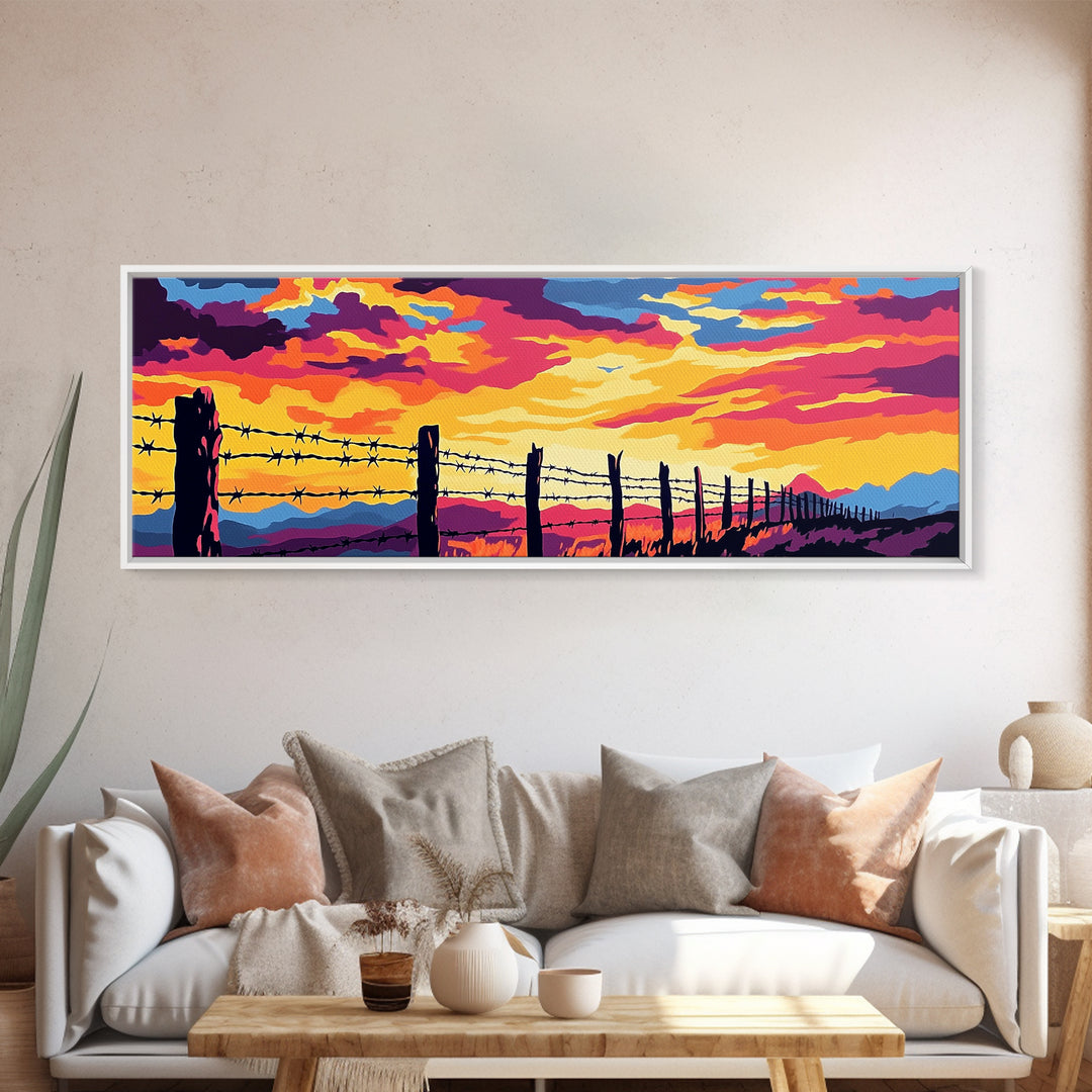 Barbed Wire Fence, southwest wall art, rustic decor, cowboy painting, panoramic art, long narrow wall art, framed canvas print, farmhouse art