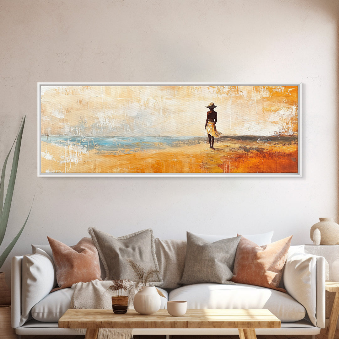 Desert Woman, African art, coastal wall art, rustic decor, minimalist painting, warm tones, framed canvas print, extra wide art