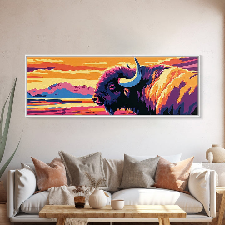 Abstract Buffalo, rustic wall art, southwestern painting, farmhouse decor, moody art, extra wide art, framed canvas print, above sofa art