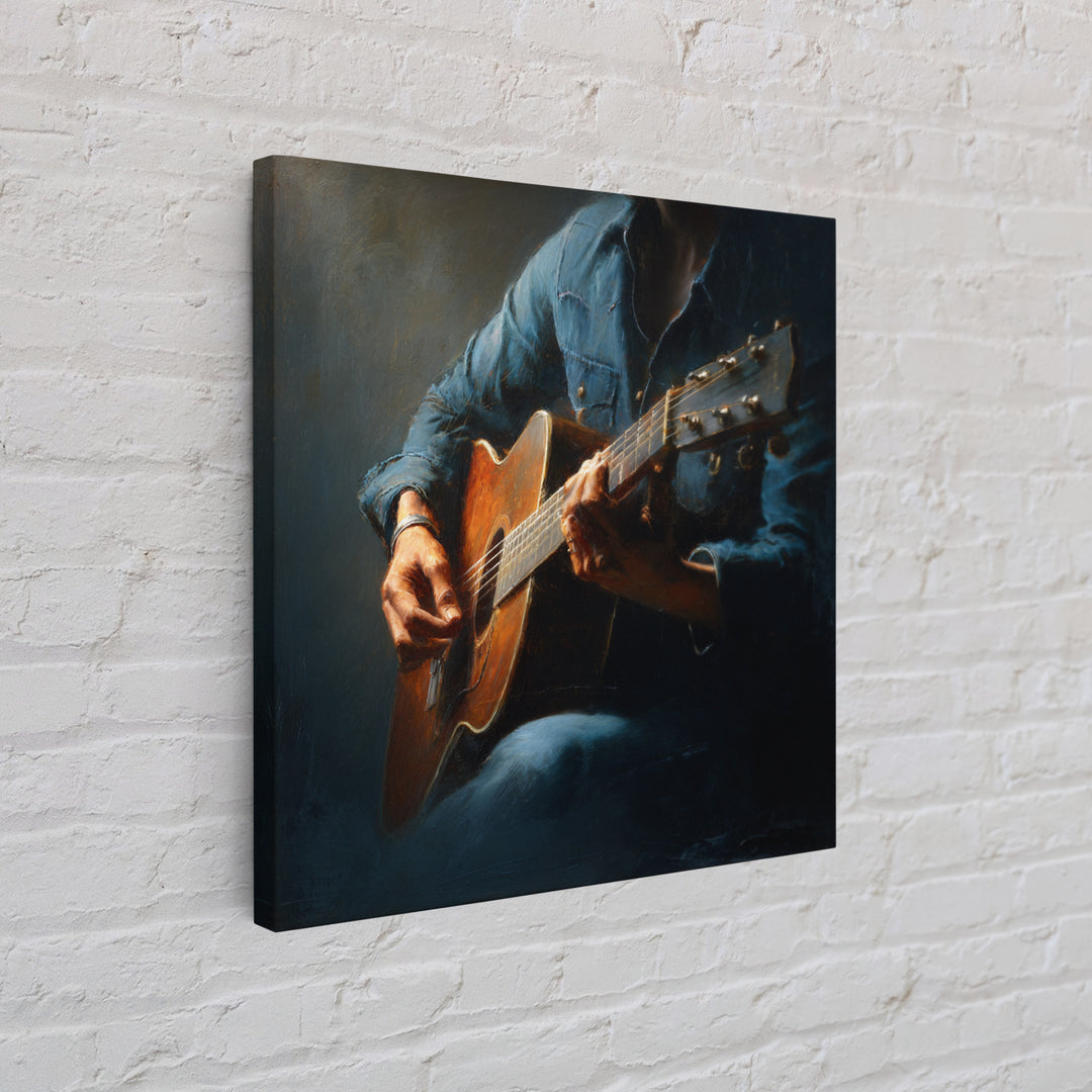 Musician Hands on Guitar Strings Canvas Print, Recording Studio Art, Music Wall Art, Studio Decor, Oil Painting, Analog, RSA-1x1-15