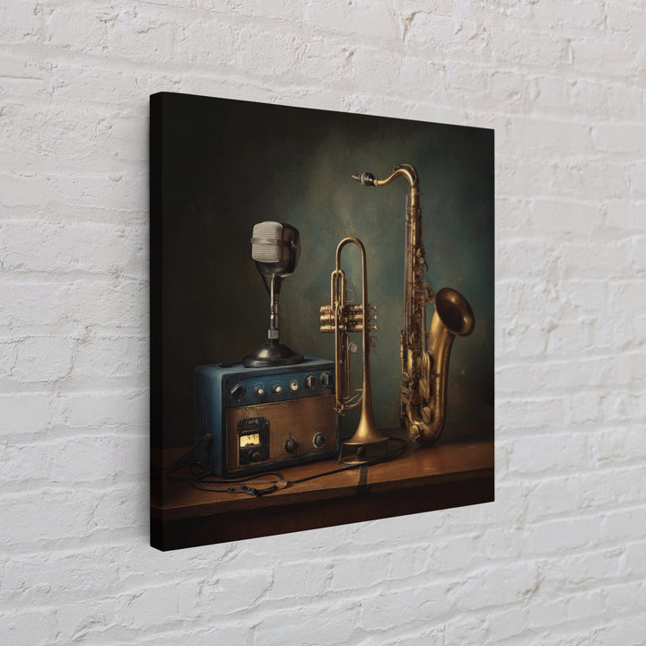 Jazz Trumpet and Microphone Still Life Canvas Print, Recording Studio Art, Unique Home Decor, Studio Decor, Fine Art, Analog, RSA-1x1-31
