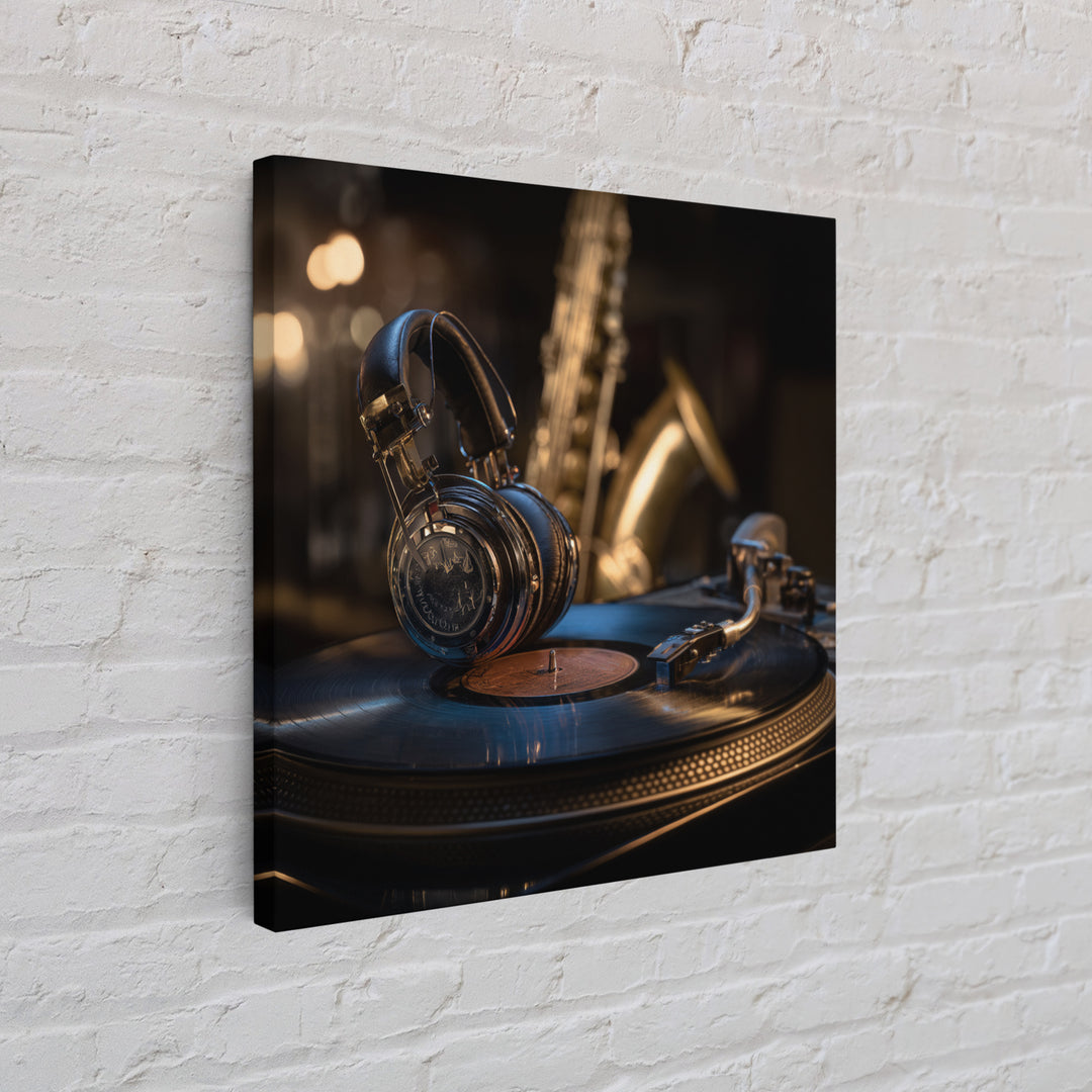 Headphones Resting on a Vinyl Record Framed Canvas Print, Recording Studio Art, Music Room Decor, Studio Decor, Analog, RSA-1x1-53