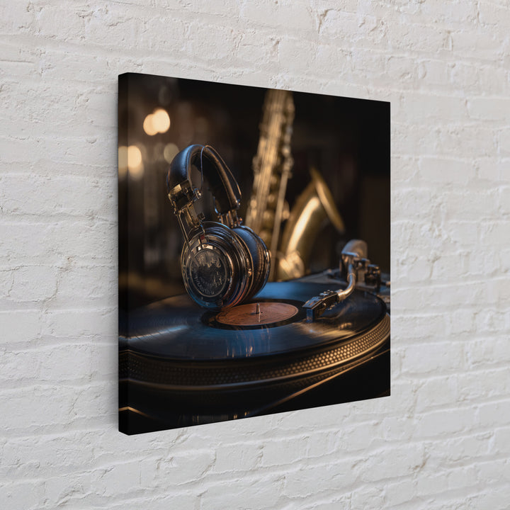 Headphones Resting on a Vinyl Record Framed Canvas Print, Recording Studio Art, Music Room Decor, Studio Decor, Analog, RSA-1x1-53