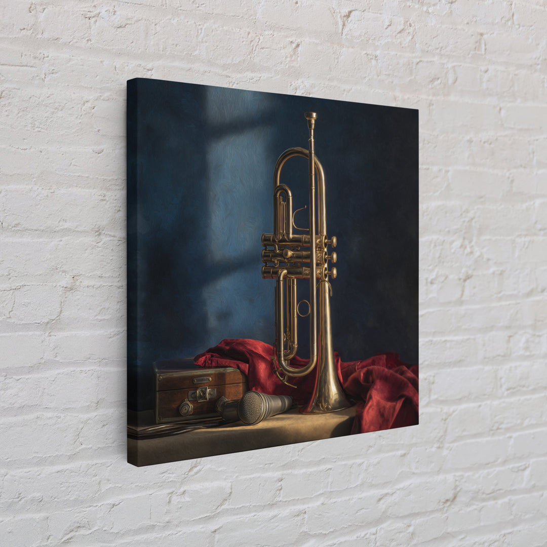 Jazz Trumpet and Microphone Still Life Framed Canvas Print, Recording Studio Art, Retro Wall Art, Studio Decor, Analog, RSA-1x1-7