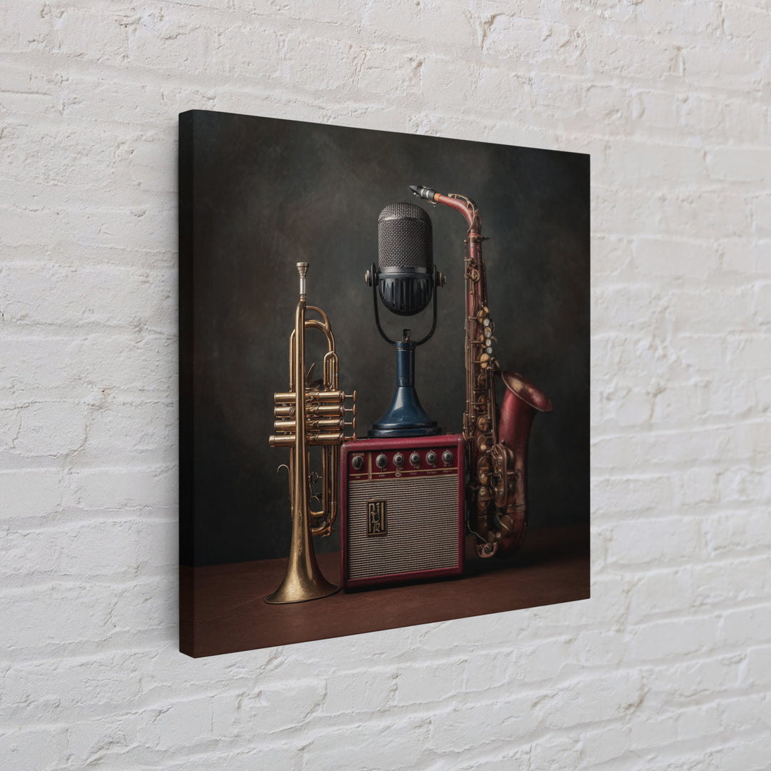 Jazz Trumpet and Microphone Still Life Framed Canvas Print, Recording Studio Art, Gallery Decor, Studio Decor, Oil Painting, RSA-1x1-79