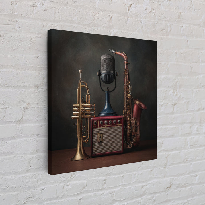 Jazz Trumpet and Microphone Still Life Framed Canvas Print, Recording Studio Art, Gallery Decor, Studio Decor, Oil Painting, RSA-1x1-79