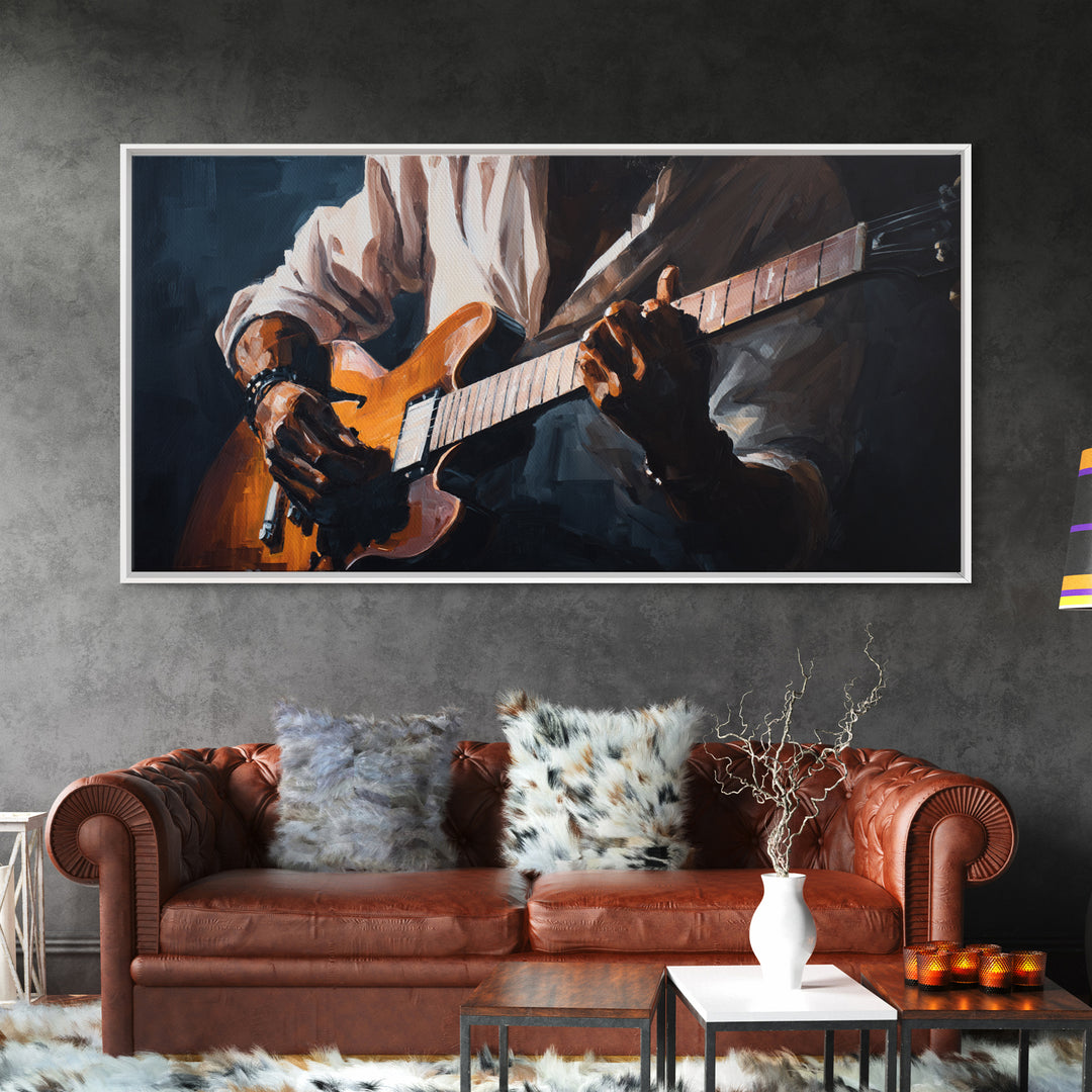Musician Hands on Guitar Strings Framed Canvas Print, Recording Studio Art, Kids Room Art, Studio Decor, Fine Art, Analog, RSA-2x1-11
