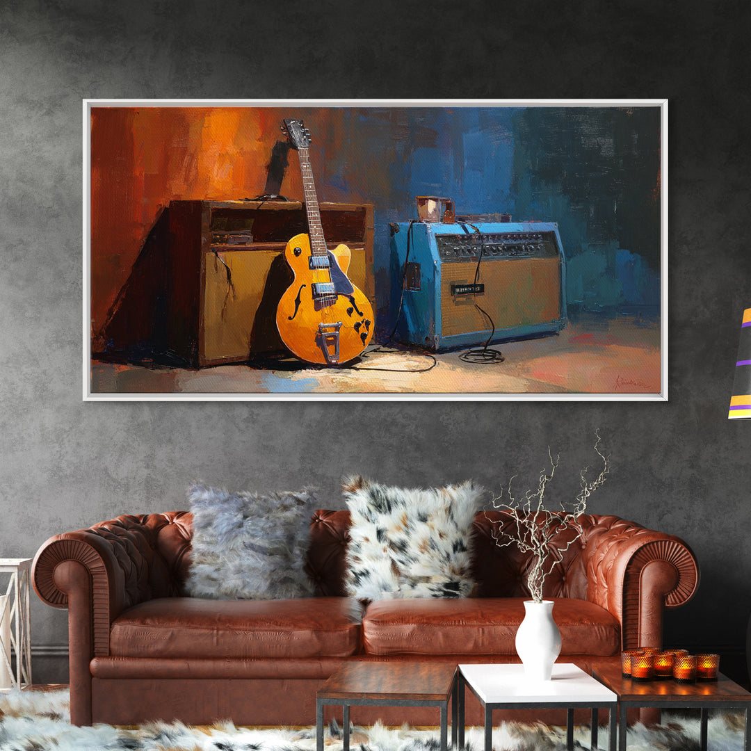 Electric Guitar Beside a Studio Amp Framed Canvas Print, Recording Studio Art, Textured Painting, Studio Decor, Analog, RSA-2x1-24