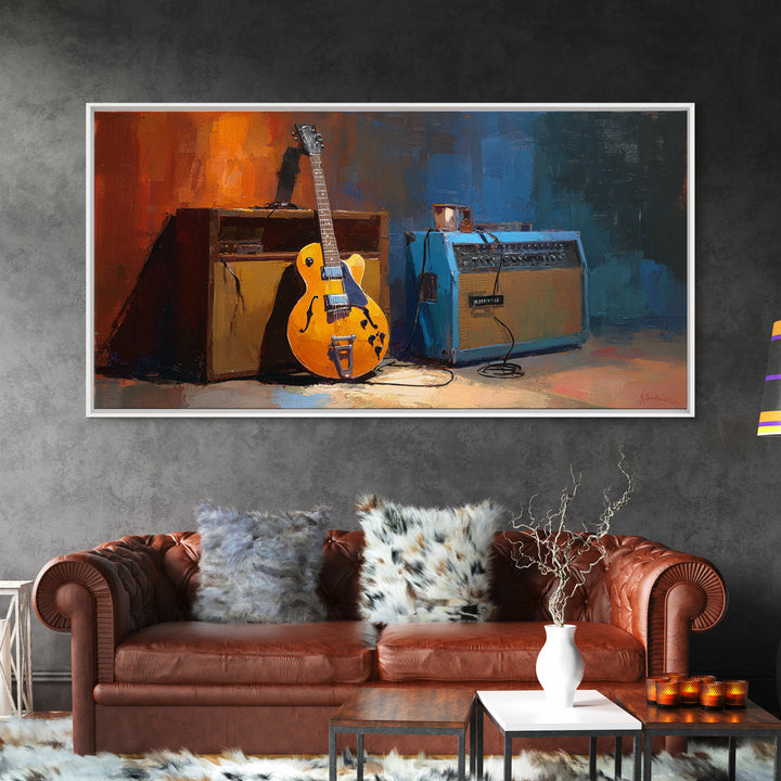 Electric Guitar Beside a Studio Amp Framed Canvas Print, Recording Studio Art, Textured Painting, Studio Decor, Analog, RSA-2x1-24