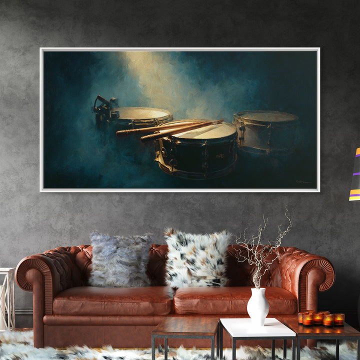 Drumsticks Crossed over Snare Drum Framed Canvas Print, Recording Studio Art, Modern Decor, Studio Decor, Fine Art, Analog, RSA-2x1-6