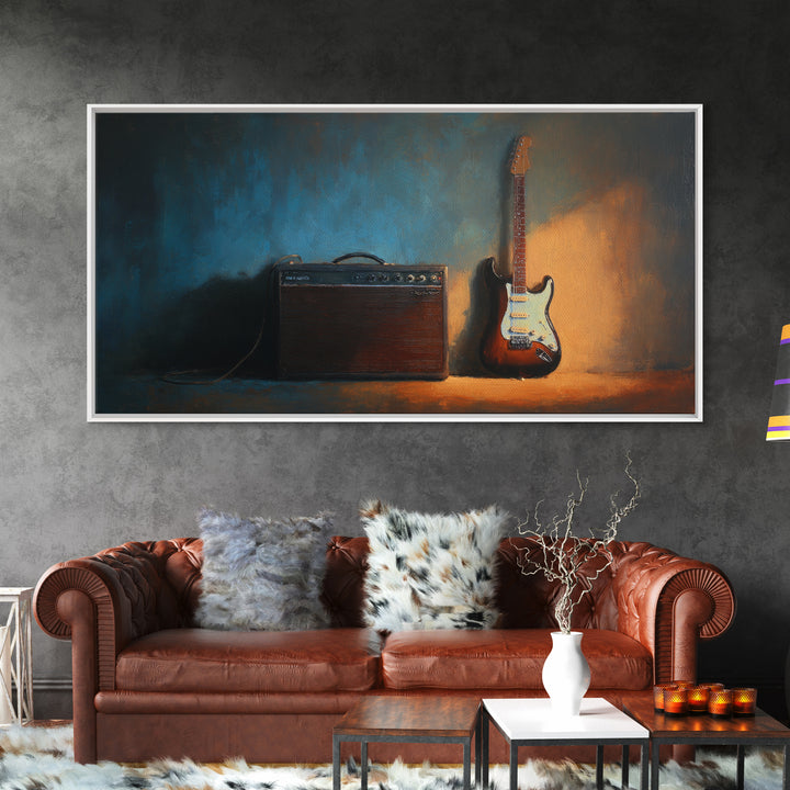 Electric Guitar Beside a Studio Amp Framed Canvas Print, Recording Studio Art, Dtf Prints, Studio Decor, Fine Art, Analog, RSA-2x1-72