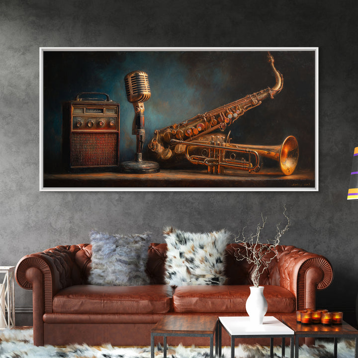 Jazz Trumpet and Microphone Still Life Framed Canvas Print, Recording Studio Art, Neutral Decor, Studio Decor, Fine Art, Analog, RSA-2x1-75