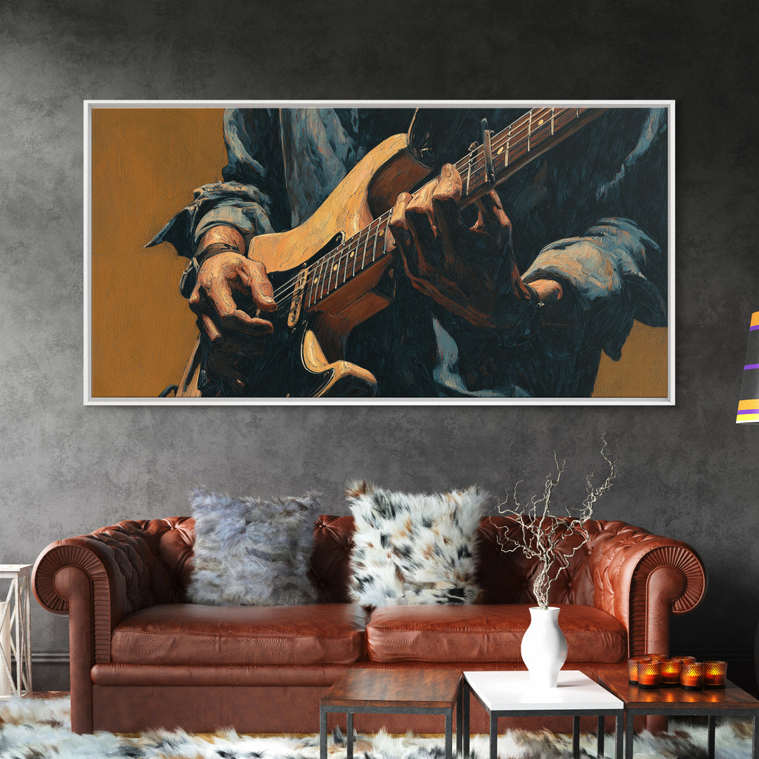 Musician Hands on Guitar Strings Framed Canvas Print, Recording Studio Art, Room Decor, Studio Decor, Fine Art, Analog, RSA-2x1-83