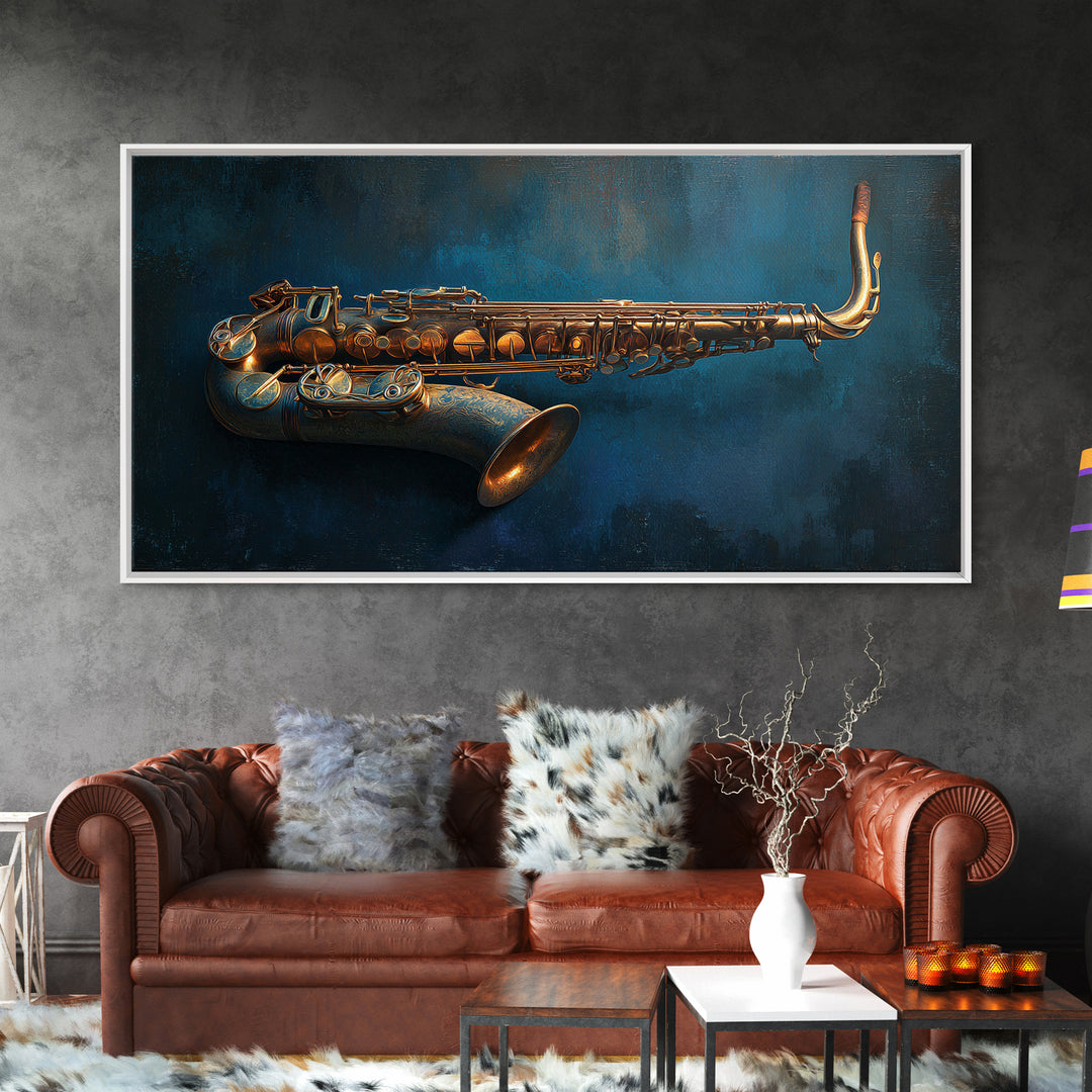 Brass Saxophone on Dark Velvet Framed Canvas Print, Recording Studio Art, Kids Room Art, Studio Decor, Fine Art, Analog, RSA-2x1-84