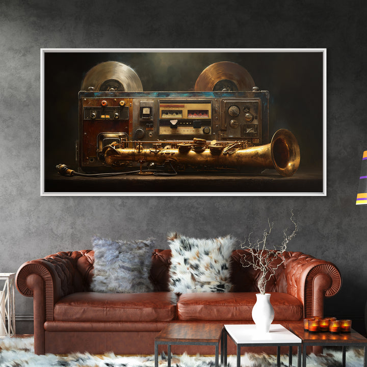 Tape Reels Spinning Through Smoky Light Framed Canvas Print, Recording Studio Art, Music Decor, Studio Decor, Fine Art, Analog, RSA-2x1-87