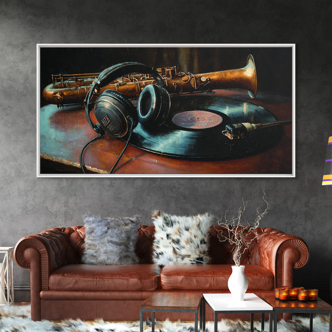 Headphones Resting on a Vinyl Record Framed Canvas Print, Recording Studio Art, Modern Wall Art, Studio Decor, Fine Art, Analog, RSA-2x1-97