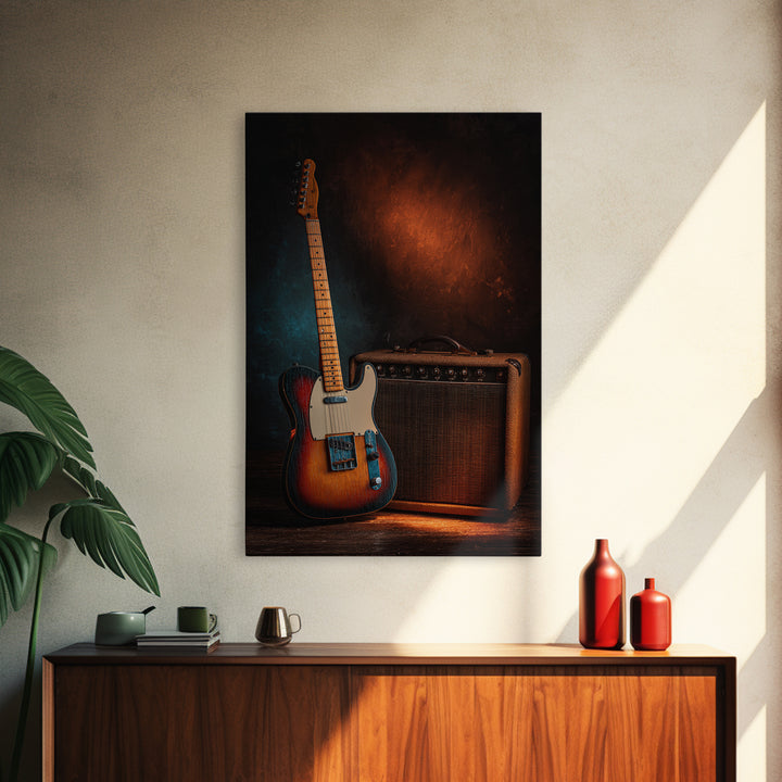 Electric Guitar Beside a Studio Amp Framed Canvas Print, Recording Studio Art, Fine Art Print, Studio Decor, Oil Painting, RSA-2x3-12