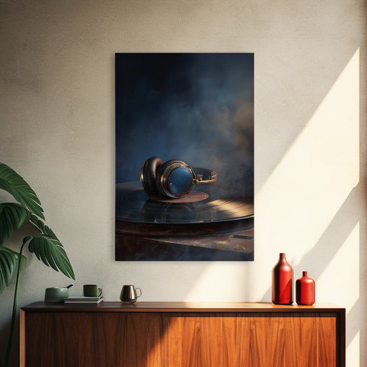 Headphones Resting on a Vinyl Record Framed Canvas Print, Recording Studio Art, Room Decor, Studio Decor, Fine Art, Analog, RSA-2x3-13