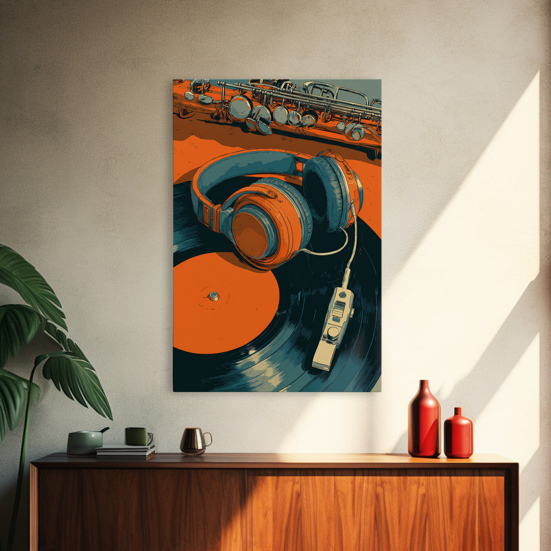 Headphones Resting on a Vinyl Record Framed Canvas Print, Recording Studio Art, Room Decor, Studio Decor, Fine Art, Analog, RSA-2x3-37