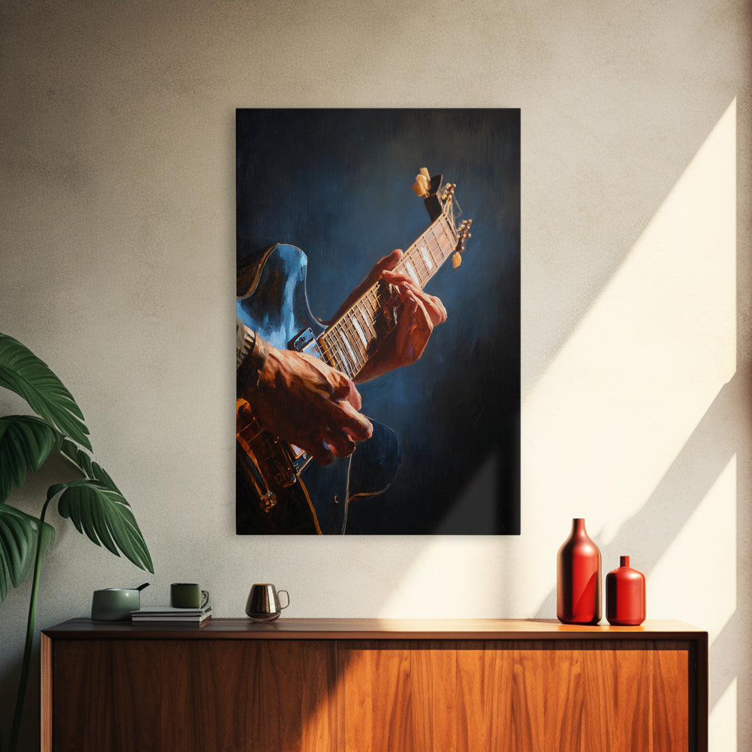 Musician Hands on Guitar Strings Framed Canvas Print, Recording Studio Art, Modern Decor, Studio Decor, Abstract Art, Analog, RSA-2x3-47