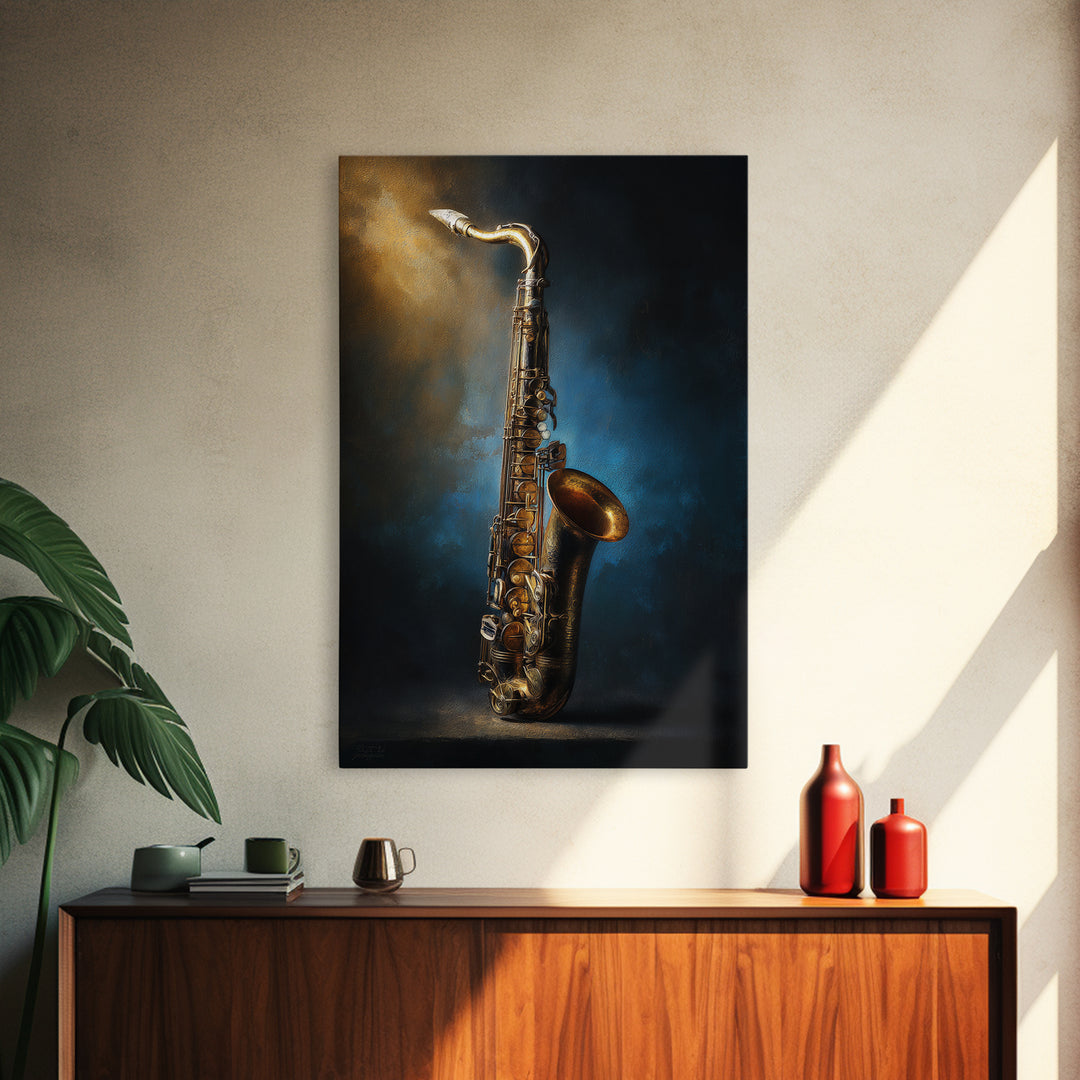 Brass Saxophone on Dark Velvet Canvas Print, Recording Studio Art, Neutral Decor, Studio Decor, Oil Painting, Analog, RSA-2x3-72