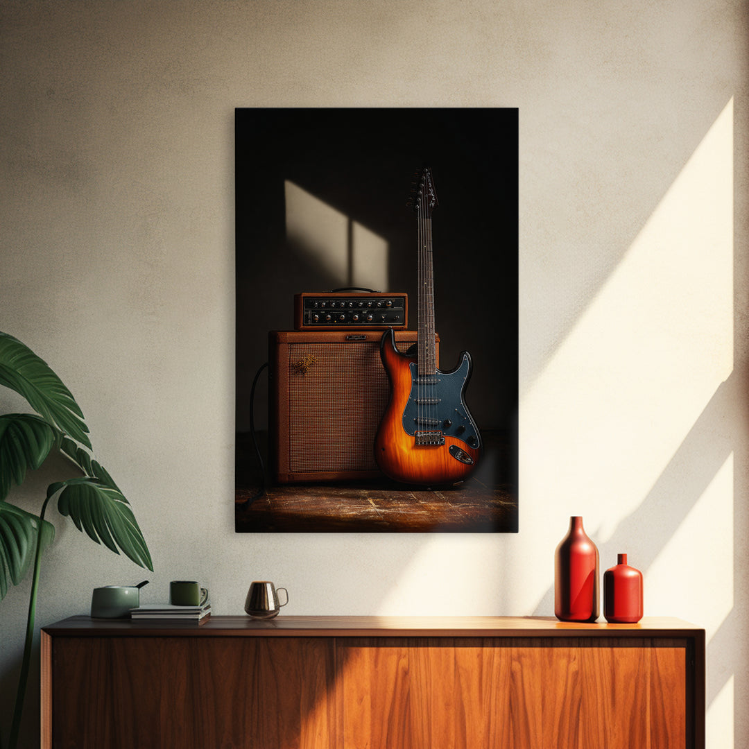 Electric Guitar Beside a Studio Amp Framed Canvas Print, Recording Studio Art, Music Art, Studio Decor, Fine Art, Analog, RSA-2x3-84