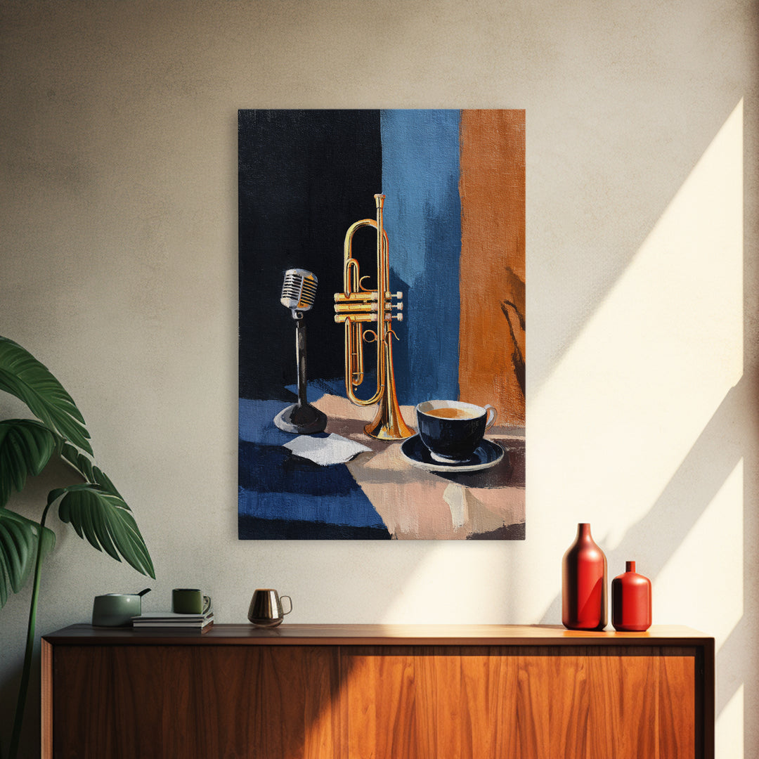 Jazz Trumpet and Microphone Still Life Framed Canvas Print, Recording Studio Art, Printable Art, Studio Decor, Fine Art, Analog, RSA-2x3-87