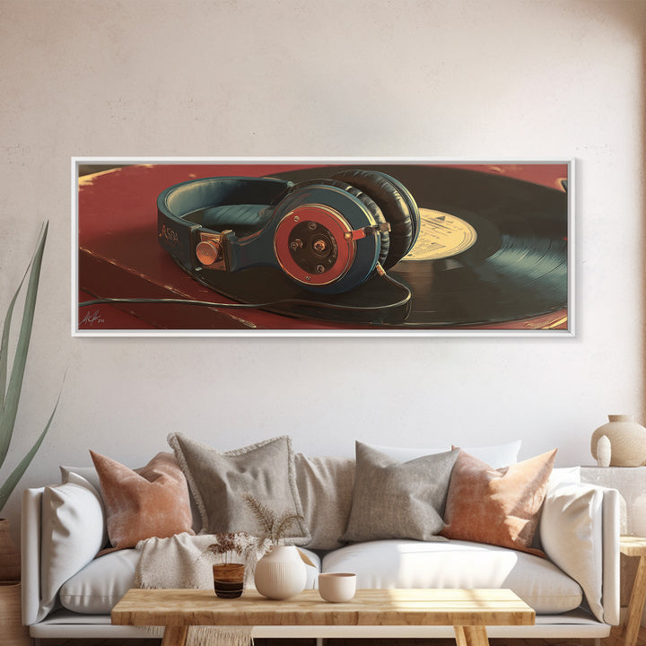 Headphones Resting on a Vinyl Record Canvas Print, Recording Studio Art, Digital Download Art, Studio Decor, Fine Art, Analog, RSA-3x1-45