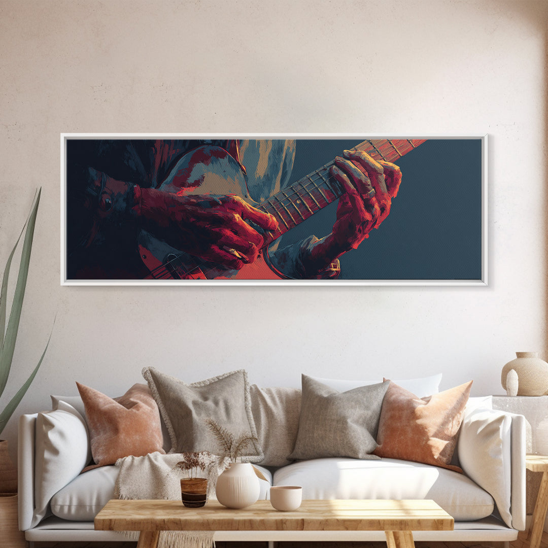 Musician Hands on Guitar Strings Framed Canvas Print, Recording Studio Art, Wall Sculpture, Studio Decor, Oil Painting, Analog, RSA-3x1-79