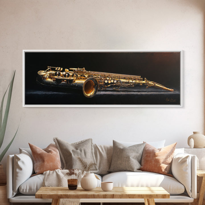 Brass Saxophone on Dark Velvet Canvas Print, Recording Studio Art, Headphones Poster, Studio Decor, Fine Art, Analog, RSA-3x1-8