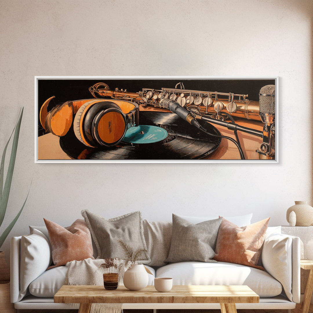 Headphones Resting on a Vinyl Record Canvas Print, Recording Studio Art, Musician Posters, Studio Decor, Fine Art, Analog, RSA-3x1-93