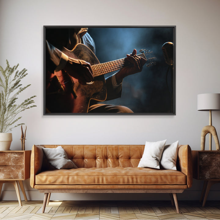 Musician Hands on Guitar Strings Framed Canvas Print, Recording Studio Art, Digital Download Art, Studio Decor, Analog, RSA-3x2-19
