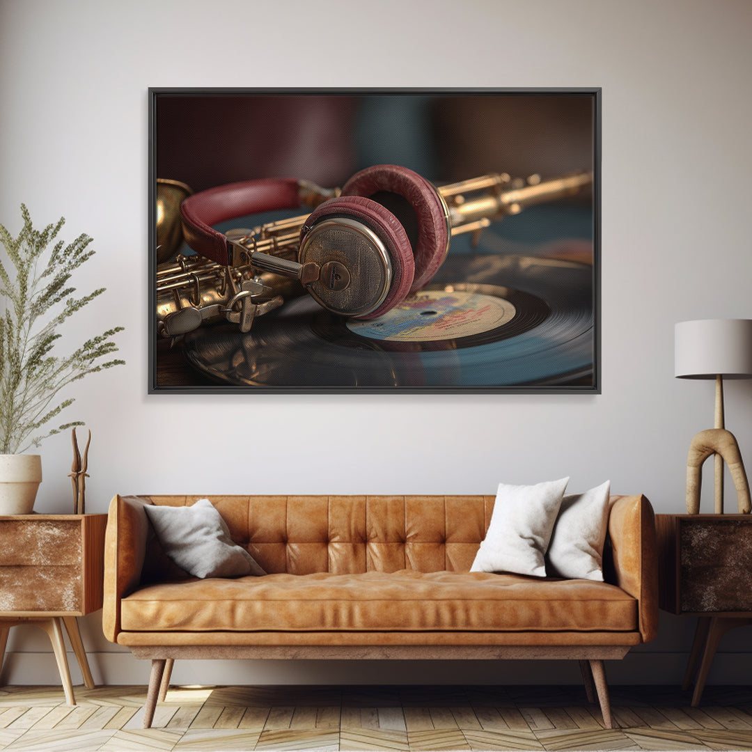 Headphones Resting on a Vinyl Record Canvas Print, Recording Studio Art, Music Posters, Studio Decor, Fine Art, Analog, RSA-3x2-33