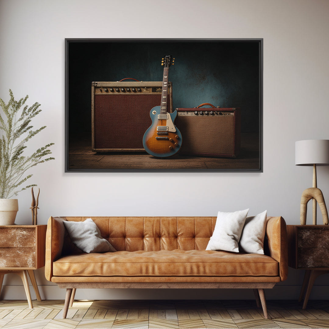 Electric Guitar Beside a Studio Amp Canvas Print, Recording Studio Art, Dtf Print, Studio Decor, Analog, Gallery Decor, RSA-3x2-56