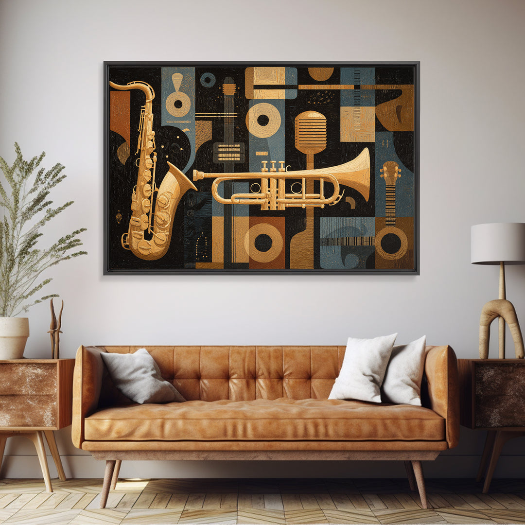 Jazz Trumpet and Microphone Still Life Framed Canvas Print, Recording Studio Art, Rock Music Art, Studio Decor, Oil Painting, RSA-3x2-59