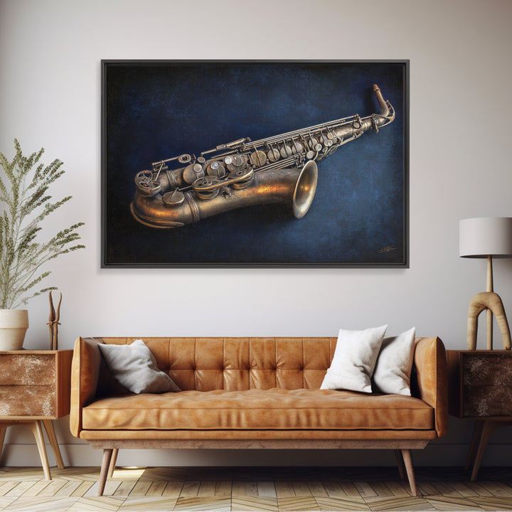 Brass Saxophone on Dark Velvet Canvas Print, Recording Studio Art, Headphones Poster, Studio Decor, Fine Art, Analog, RSA-3x2-68