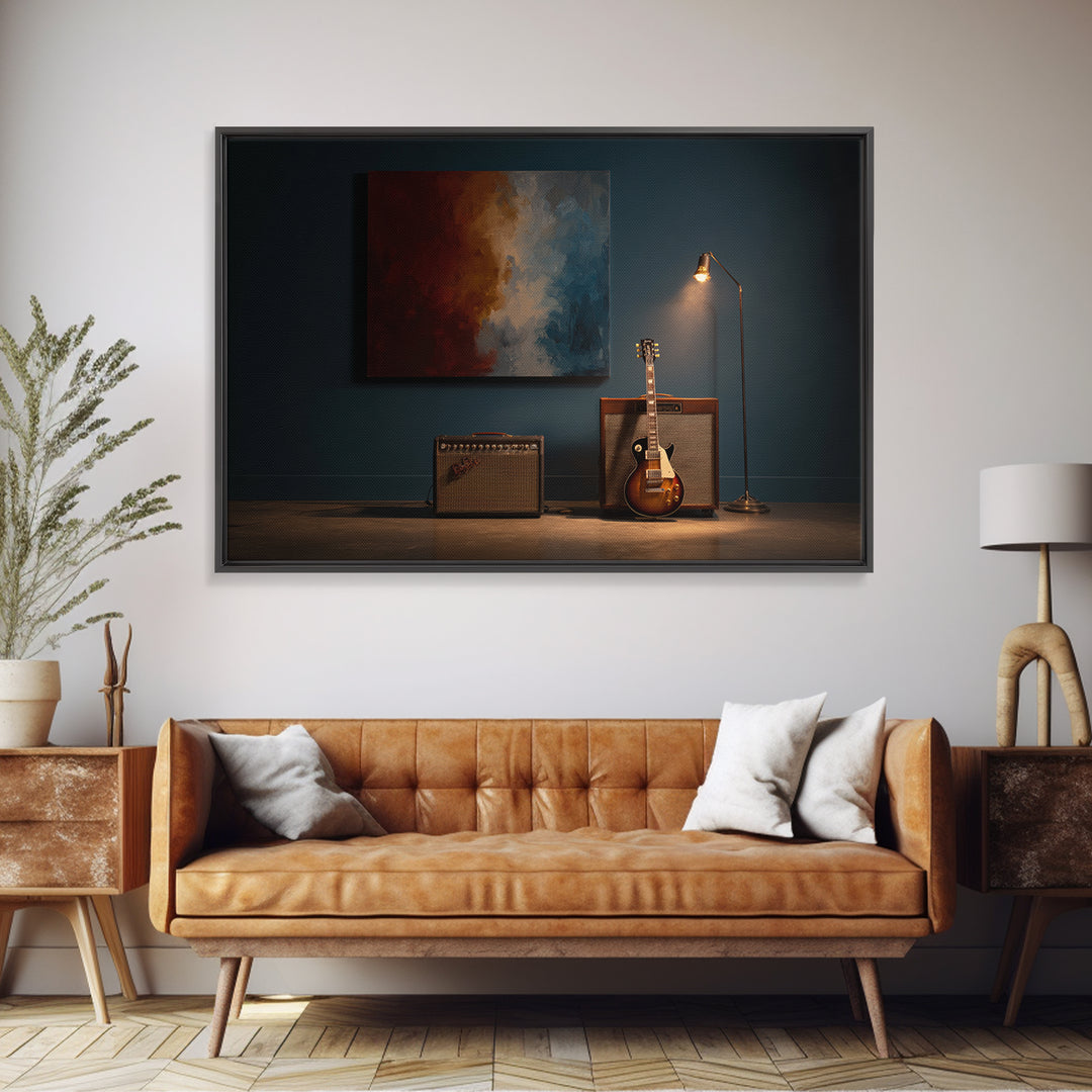Electric Guitar Beside a Studio Amp Framed Canvas Print, Recording Studio Art, Studio Decor, Oil Painting, Analog, RSA-3x2-8