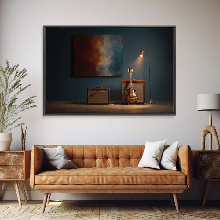 Electric Guitar Beside a Studio Amp Framed Canvas Print, Recording Studio Art, Studio Decor, Oil Painting, Analog, RSA-3x2-8